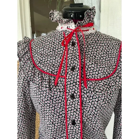 Vintage 1970s Floral Cotton Ruffle Western Shirt Black Red Size Small - Picture 11 of 11